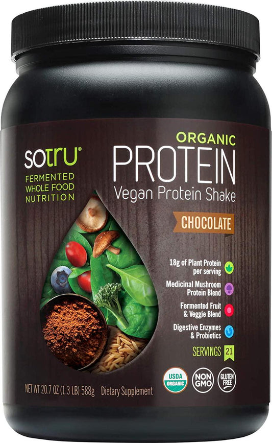 SoTru Vegan Protein Shake, Chocolate - 20.7 oz. - Whole Food, Plant-Based Protein Powder with Green Superfoods, Enzymes and Probiotics - USDA Certified Organic, Non-GMO, Gluten-Free - 21 Servings