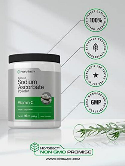 Sodium Ascorbate Vitamin C Powder | 16oz | Vegetarian, Non-GMO, Gluten Free | 100% Pure Buffered | by Horbaach