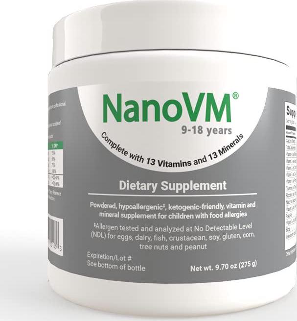 Solace Nutrition NanoVM 9-18 (275g) Flavorless Powdered Hypoallergenic, Carbohydrate Free Vitamin and Mineral Supplement, Designed Specifically for Children with Food Allergies 9-18 Years of Age