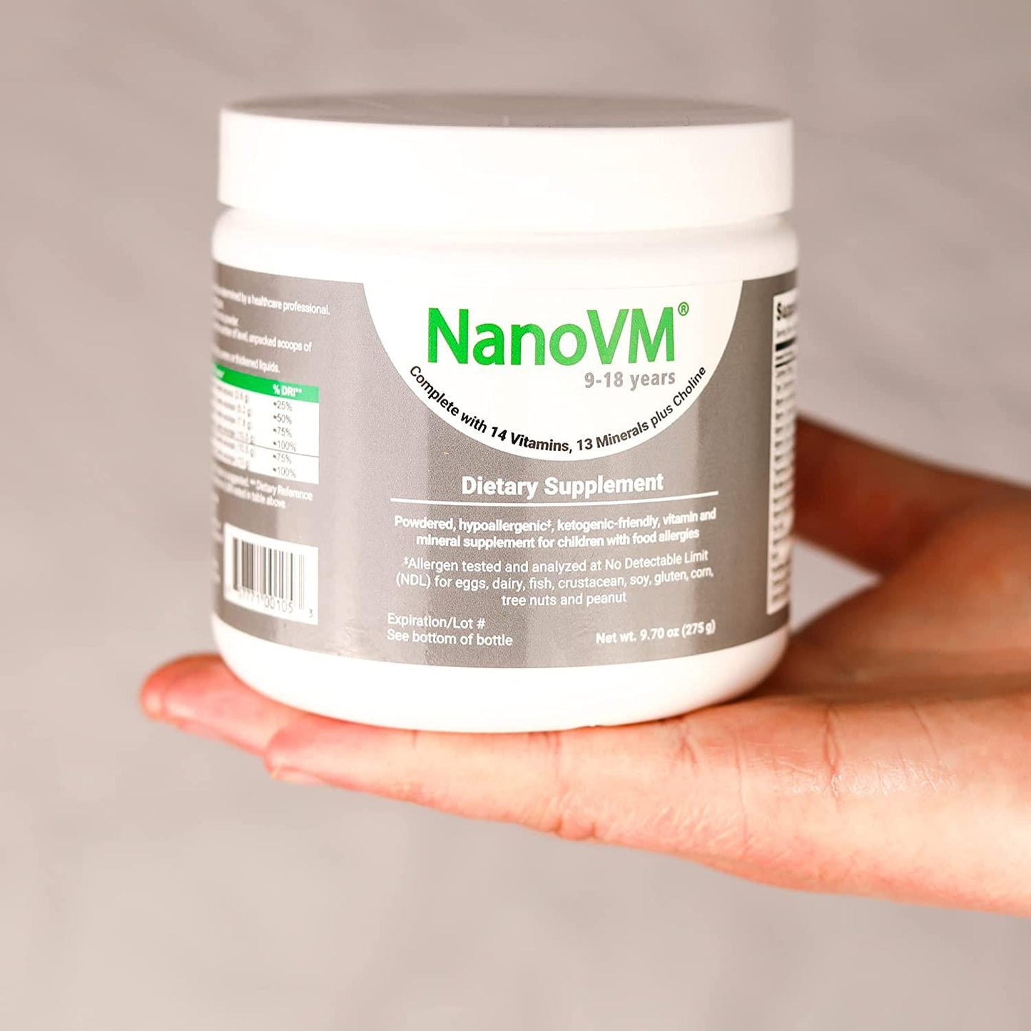 Solace Nutrition NanoVM 9-18 (275g) Flavorless Powdered Hypoallergenic, Carbohydrate Free Vitamin and Mineral Supplement, Designed Specifically for Children with Food Allergies 9-18 Years of Age
