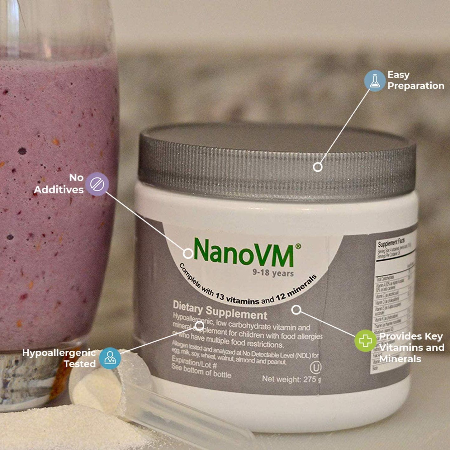 Solace Nutrition NanoVM 9-18 (275g) Flavorless Powdered Hypoallergenic, Carbohydrate Free Vitamin and Mineral Supplement, Designed Specifically for Children with Food Allergies 9-18 Years of Age