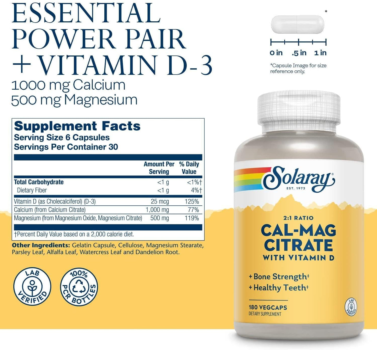 Solaray - Cal-Mag Citrate with 1000 IU Vitamin D3, 2:1 Ratio - 180 Capsules