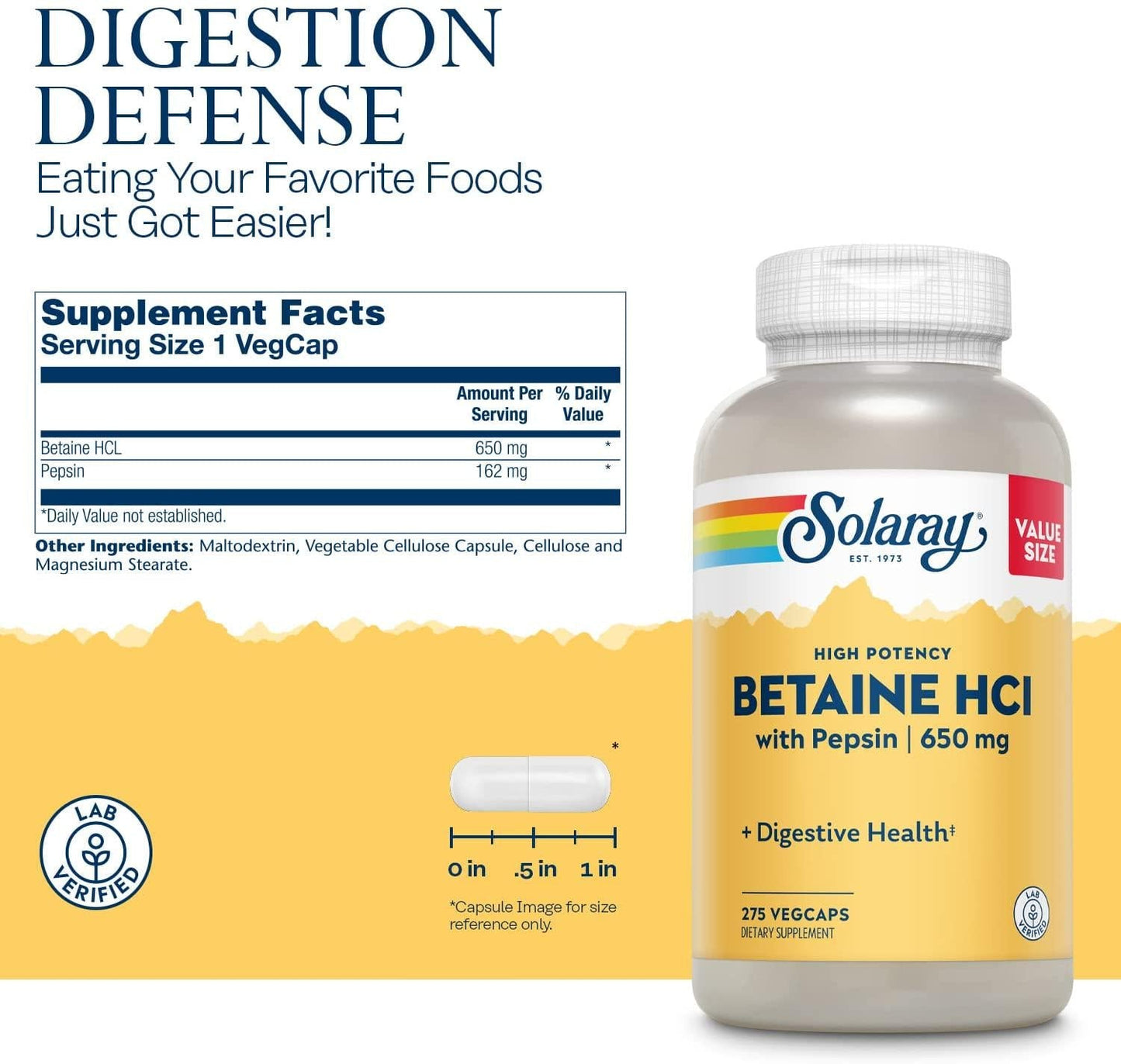Solaray High Potency Betaine HCL with Pepsin 650 mg | Hydrochloric Acid Formula for Healthy Digestion Support | Lab Verified (275 CT)