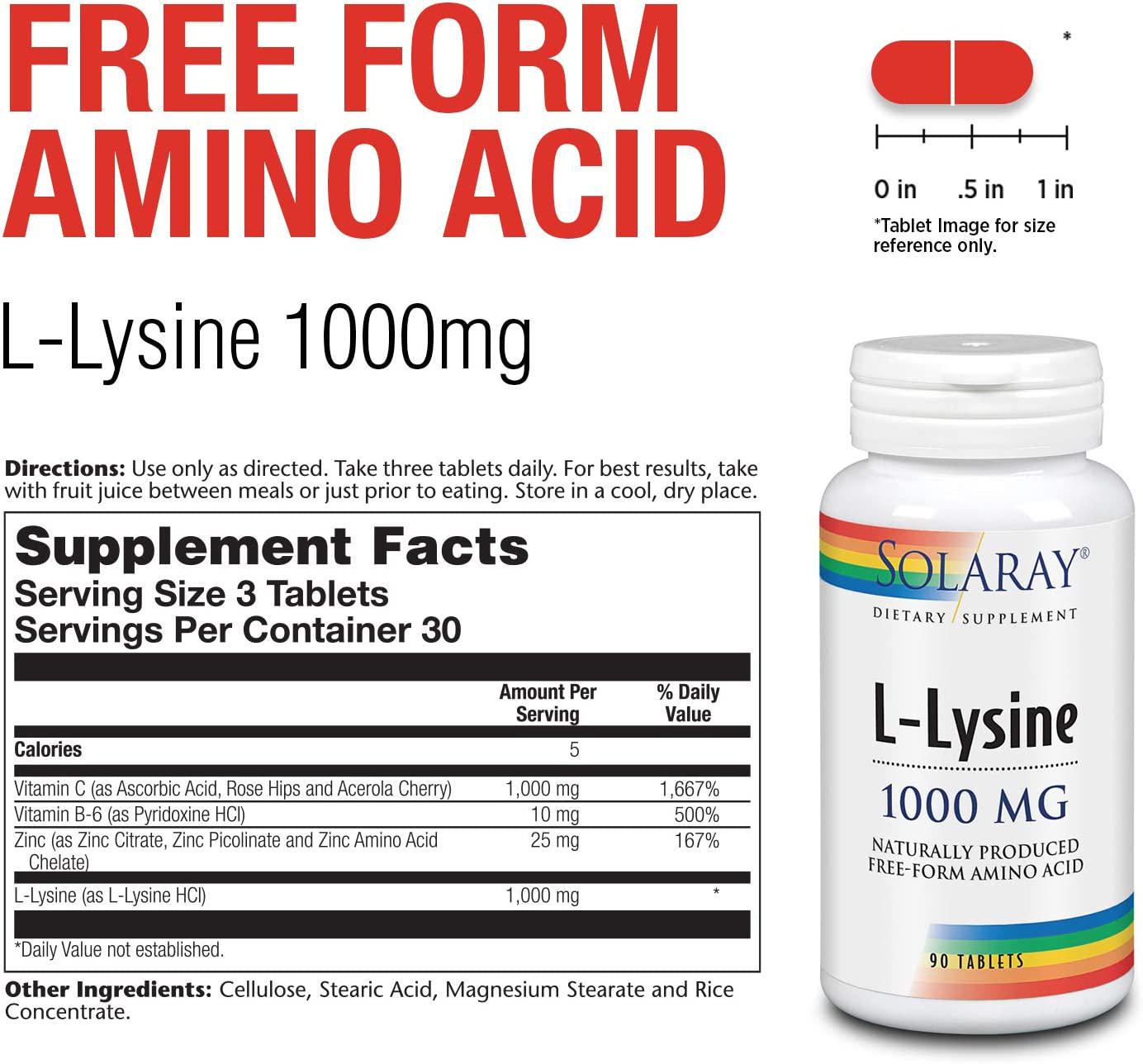 Solaray L-Lysine, Free-Form 1000mg | Amino Acid | Healthy Cognitive, Immune System, Bones and Skin Support | 90ct, 30 Serv
