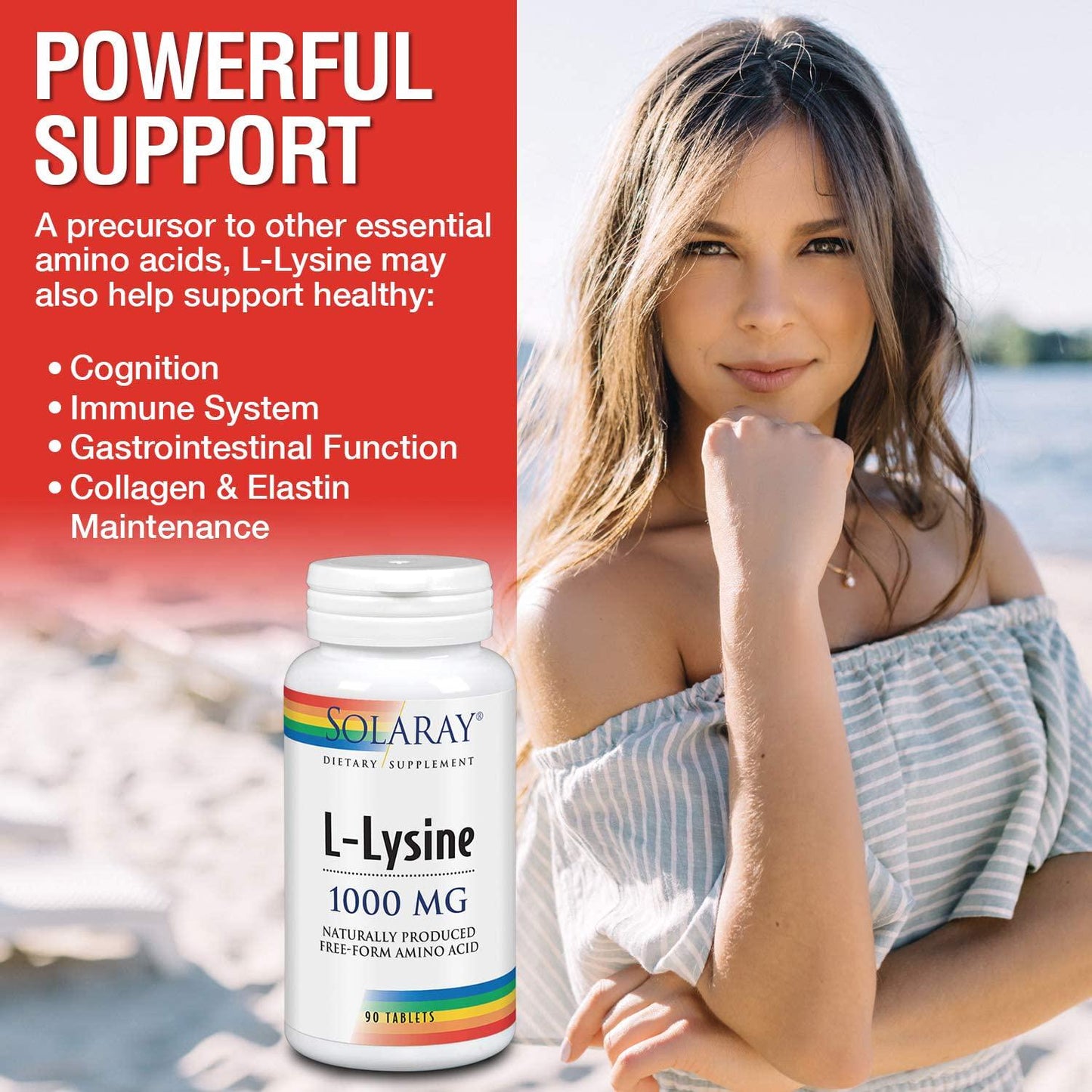 Solaray L-Lysine, Free-Form 1000mg | Amino Acid | Healthy Cognitive, Immune System, Bones and Skin Support | 90ct, 30 Serv