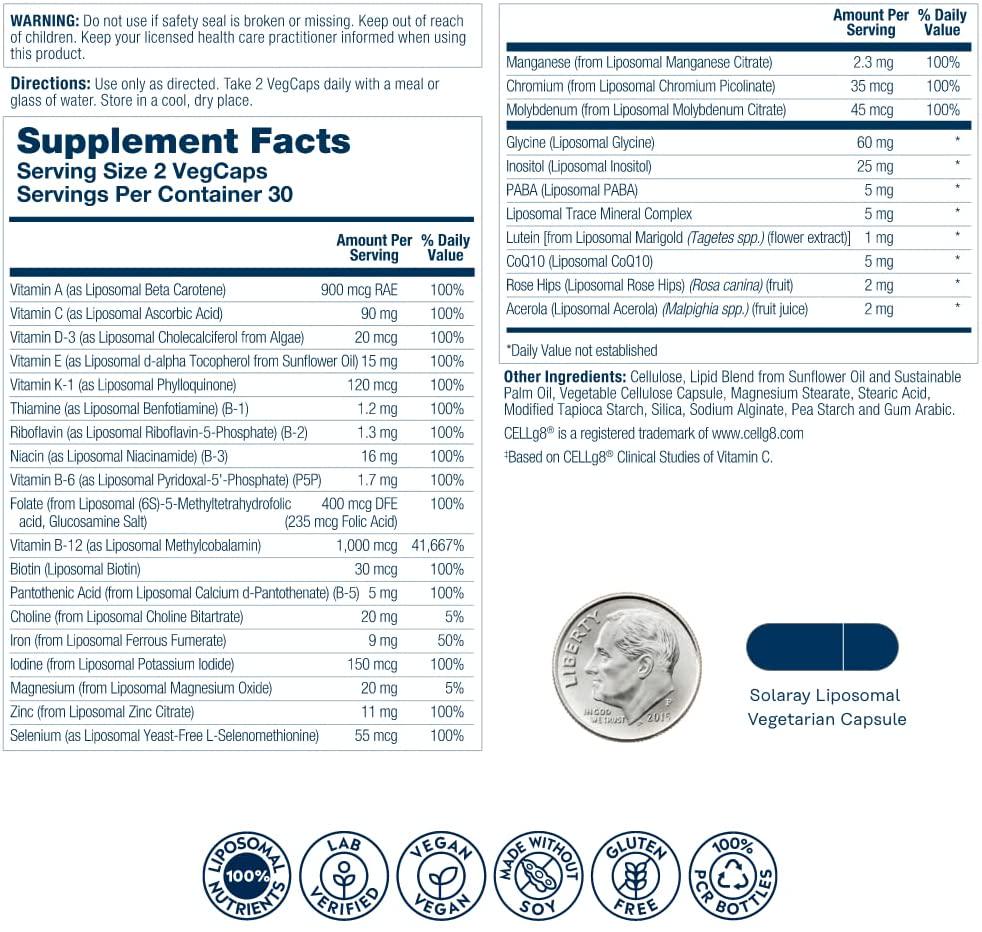 Solaray Liposomal Multivitamin for Men and Women, High Potency, Enhanced Absorption Vitamin C, Vitamin D, Biotin, Methyl B-12, Odor Neutral and Gentle Digestion, 30 Servings, 60 VegCaps
