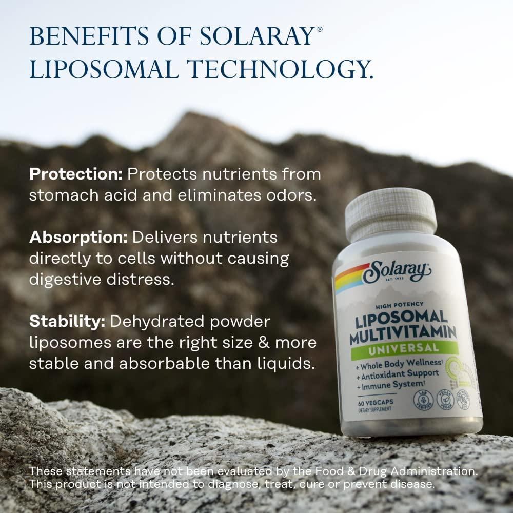 Solaray Liposomal Multivitamin for Men and Women, High Potency, Enhanced Absorption Vitamin C, Vitamin D, Biotin, Methyl B-12, Odor Neutral and Gentle Digestion, 30 Servings, 60 VegCaps