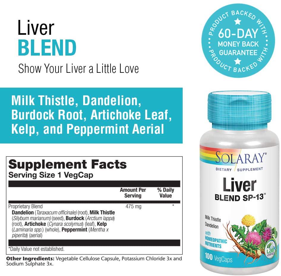 Solaray Liver Blend SP-13 | Healthy Liver and Kidney Support with Milk Thistle, Dandelion, Artichoke Leaf, Kelp, Peppermint Aerial and More | 100 VegCaps