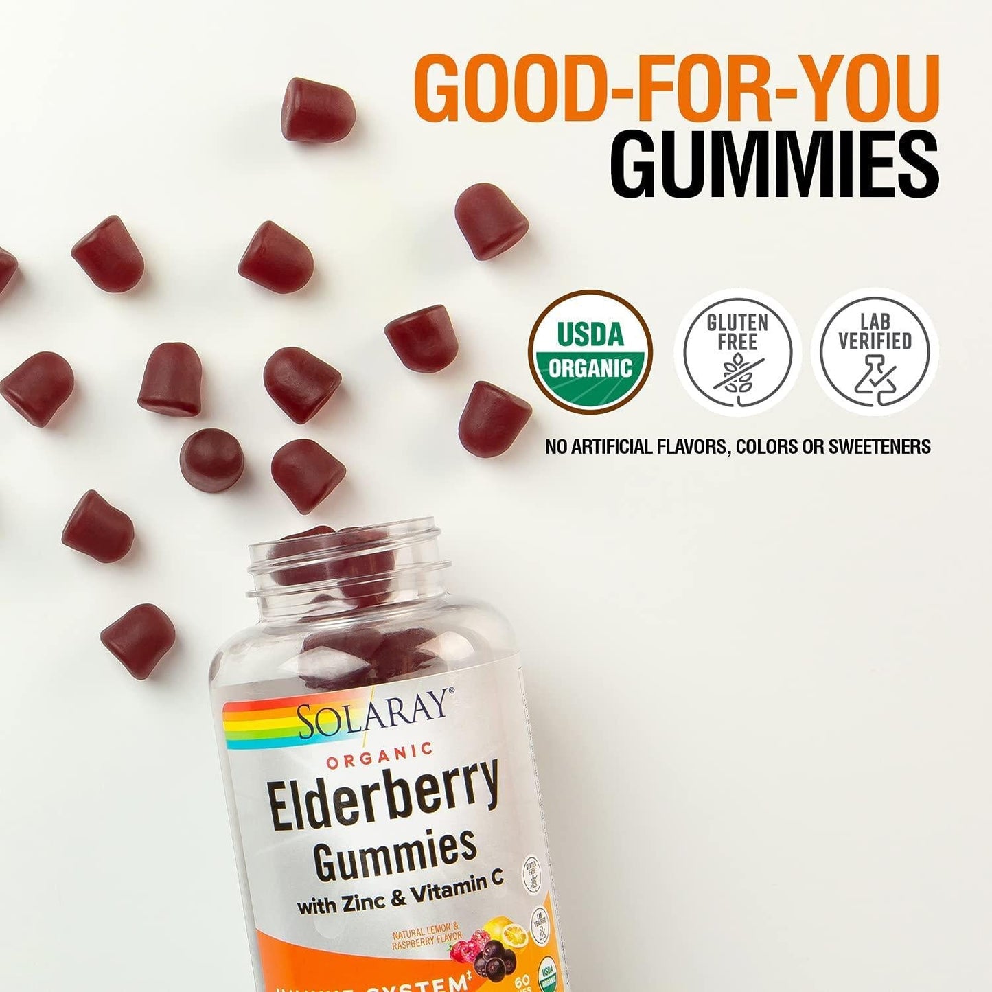 Solaray Organic Elderberry Gummies w/Zinc and Vitamin C | Healthy Immune System Support | Gluten Free | 30 Serv, 60 Ct