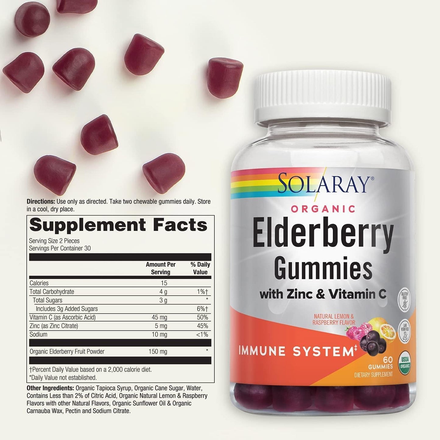 Solaray Organic Elderberry Gummies w/Zinc and Vitamin C | Healthy Immune System Support | Gluten Free | 30 Serv, 60 Ct