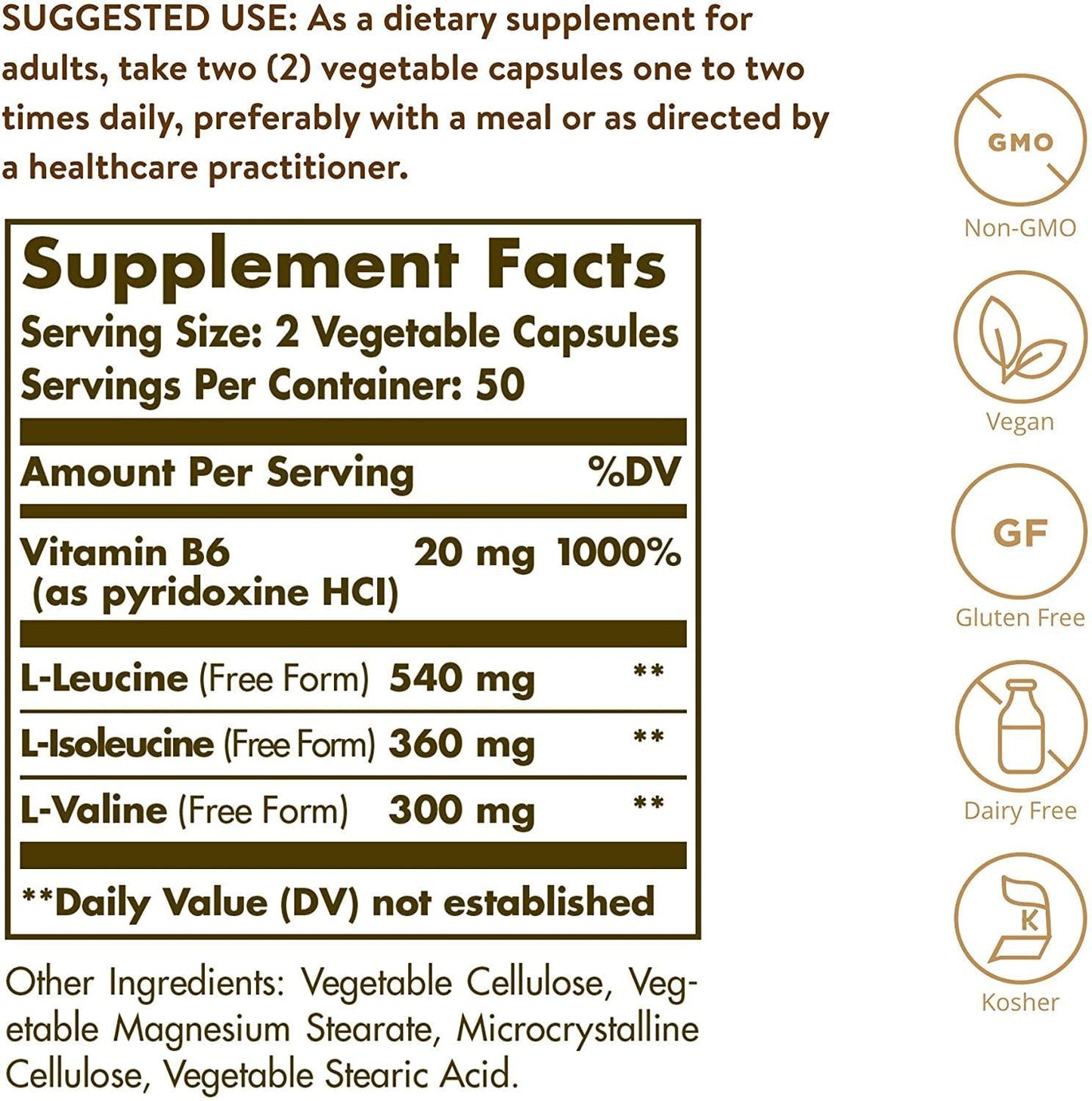 Solgar BCAA Plus, 100 Vegetable Capsules - Muscle and Exercise Support - Free Form Branched Chain Amino Acids with Vitamin B6 for Absorption - Non-GMO, Vegan, Gluten and Dairy Free, Kosher - 50 Servings