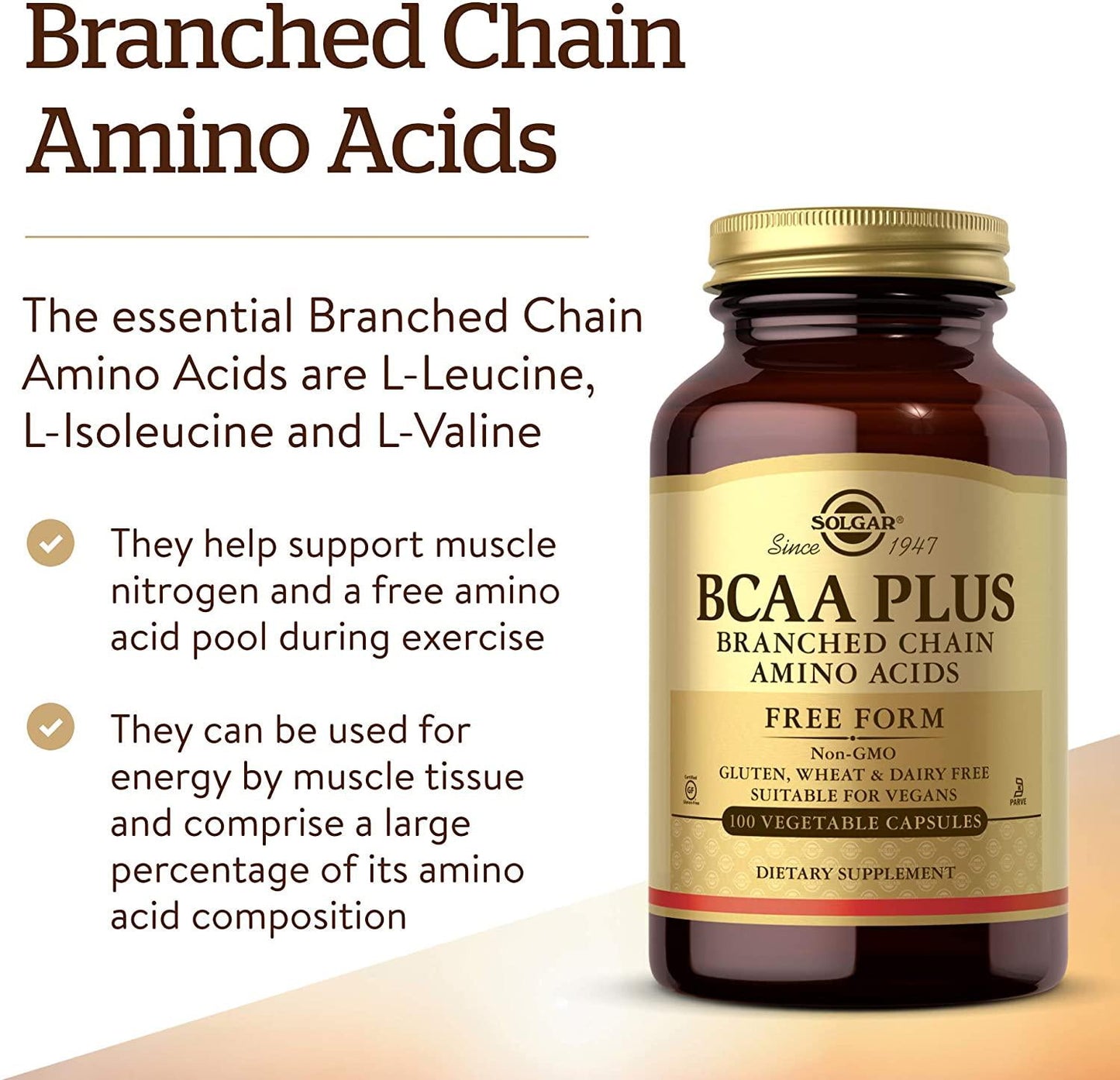 Solgar BCAA Plus, 100 Vegetable Capsules - Muscle and Exercise Support - Free Form Branched Chain Amino Acids with Vitamin B6 for Absorption - Non-GMO, Vegan, Gluten and Dairy Free, Kosher - 50 Servings