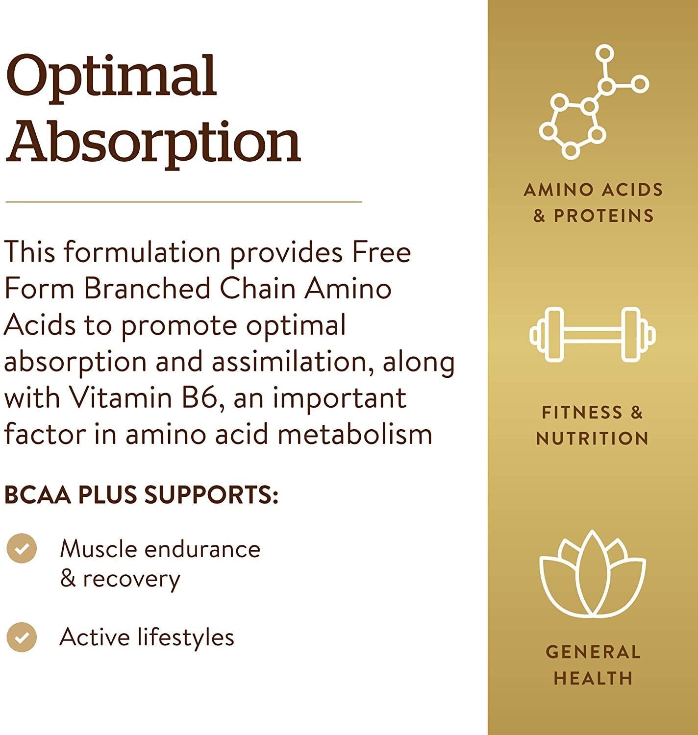 Solgar BCAA Plus, 100 Vegetable Capsules - Muscle and Exercise Support - Free Form Branched Chain Amino Acids with Vitamin B6 for Absorption - Non-GMO, Vegan, Gluten and Dairy Free, Kosher - 50 Servings