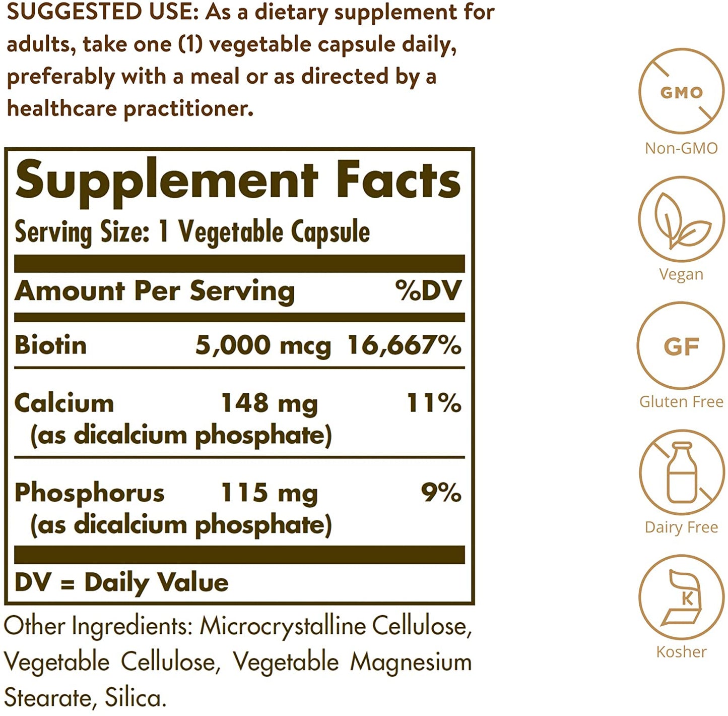 Solgar Biotin 5000 mcg - Supports Healthy Skin, Nails and Hair - Supports Energy Production and Metabolism - Vitamin B - Non-GMO, Vegan, Gluten Free - 180 Count