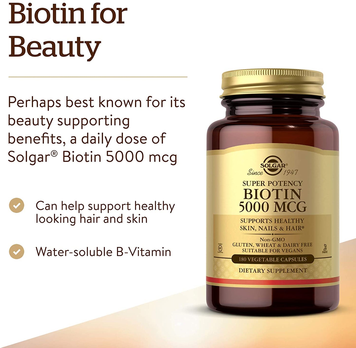 Solgar Biotin 5000 mcg - Supports Healthy Skin, Nails and Hair - Supports Energy Production and Metabolism - Vitamin B - Non-GMO, Vegan, Gluten Free - 180 Count