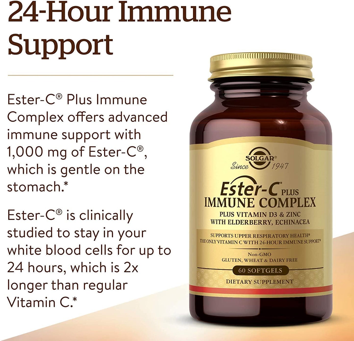 Solgar Ester-C Plus Immune Complex, 24 Hr Immune Support, Supports Upper Respiratory Health - Plus D3, Zinc, Elderberry and Echinacea - Non-GMO, Gluten Free, Dairy Free - 30 Servings, 60 Softgels