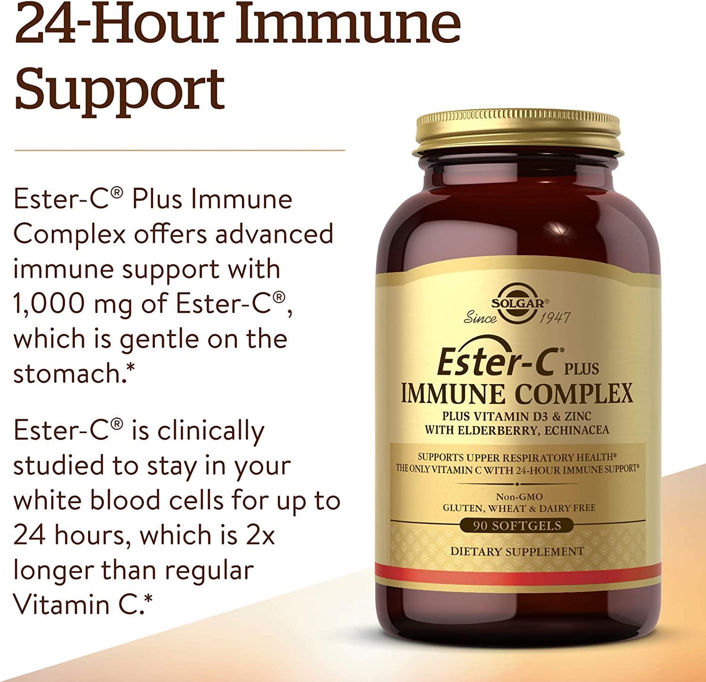 Solgar Ester-C Plus Immune Complex, 24-Hour Immune Support, Supports Upper Respiratory Health - Plus D3, Zinc, Elderberry and Echinacea - Non-GMO, Gluten Free, Dairy Free - 45 Servings, 90 Softgels