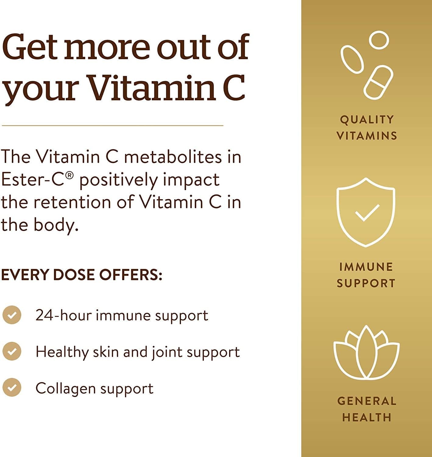 Solgar Ester-C Plus 500 mg Vitamin C with Citrus Bioflavonoids - 90 Capsules - Gentle and Non Acidic, Well Retained - 24-Hour Immune Support - Non-GMO, Gluten Free - 90 Servings