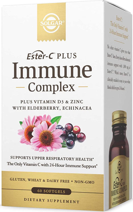Solgar Ester-C Plus Immune Complex, 24 Hr Immune Support, Supports Upper Respiratory Health - Plus D3, Zinc, Elderberry and Echinacea - Non-GMO, Gluten Free, Dairy Free - 30 Servings, 60 Softgels