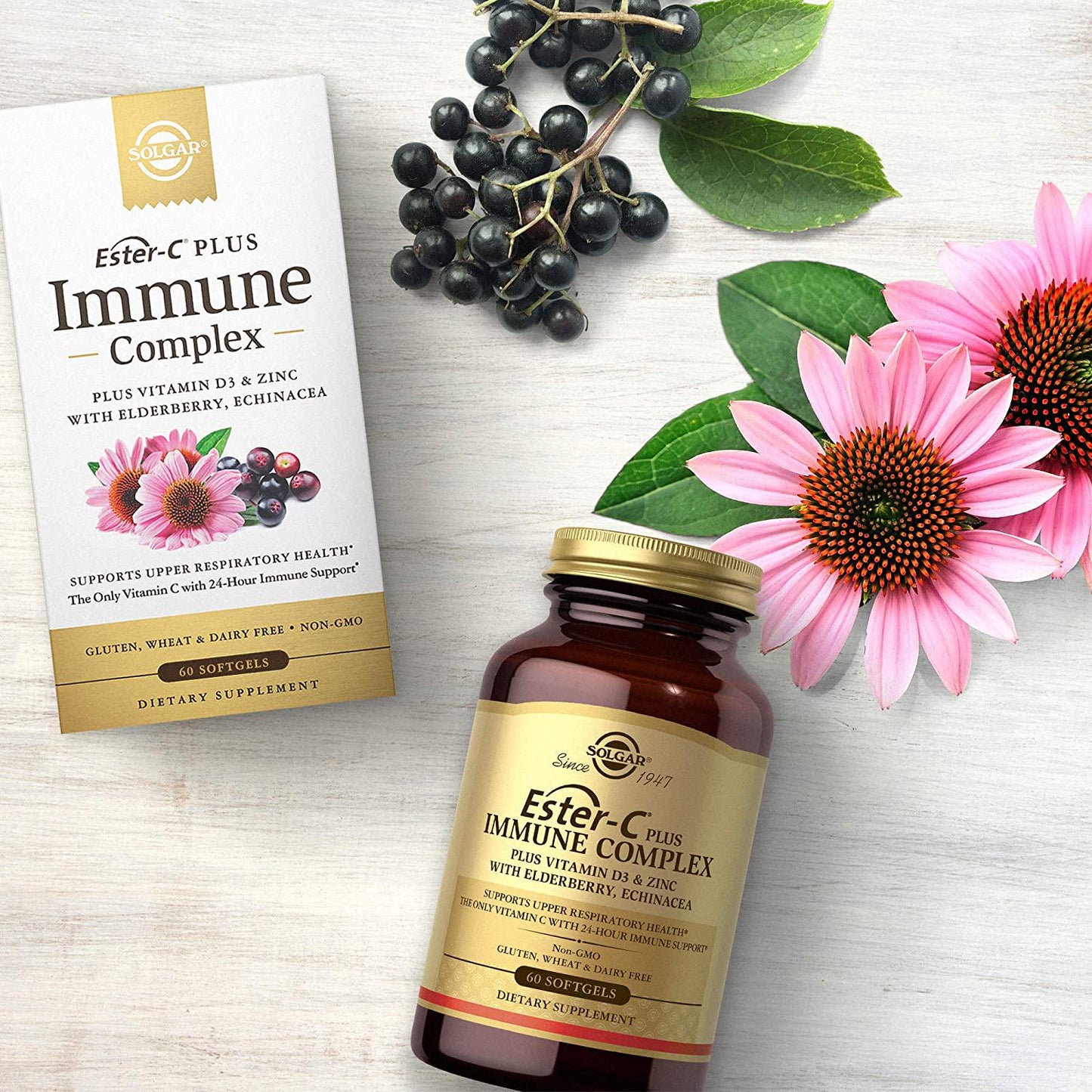 Solgar Ester-C Plus Immune Complex, 24 Hr Immune Support, Supports Upper Respiratory Health - Plus D3, Zinc, Elderberry and Echinacea - Non-GMO, Gluten Free, Dairy Free - 30 Servings, 60 Softgels