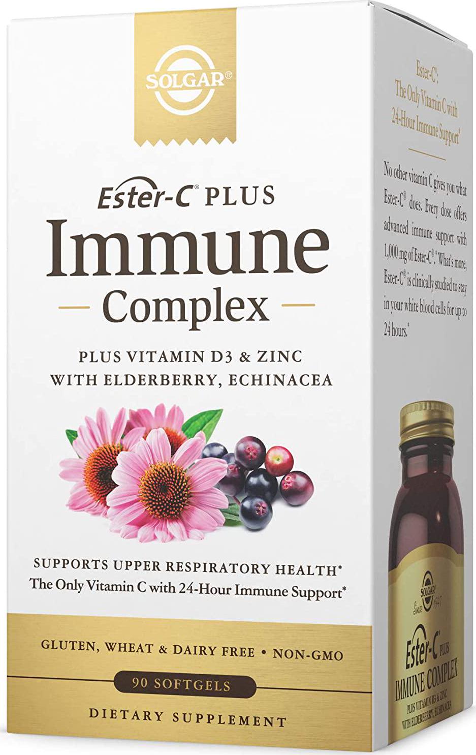 Solgar Ester-C Plus Immune Complex, 24-Hour Immune Support, Supports Upper Respiratory Health - Plus D3, Zinc, Elderberry and Echinacea - Non-GMO, Gluten Free, Dairy Free - 45 Servings, 90 Softgels