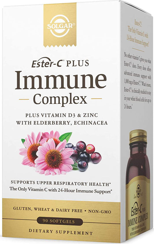 Solgar Ester-C Plus Immune Complex, 24-Hour Immune Support, Supports Upper Respiratory Health - Plus D3, Zinc, Elderberry and Echinacea - Non-GMO, Gluten Free, Dairy Free - 45 Servings, 90 Softgels