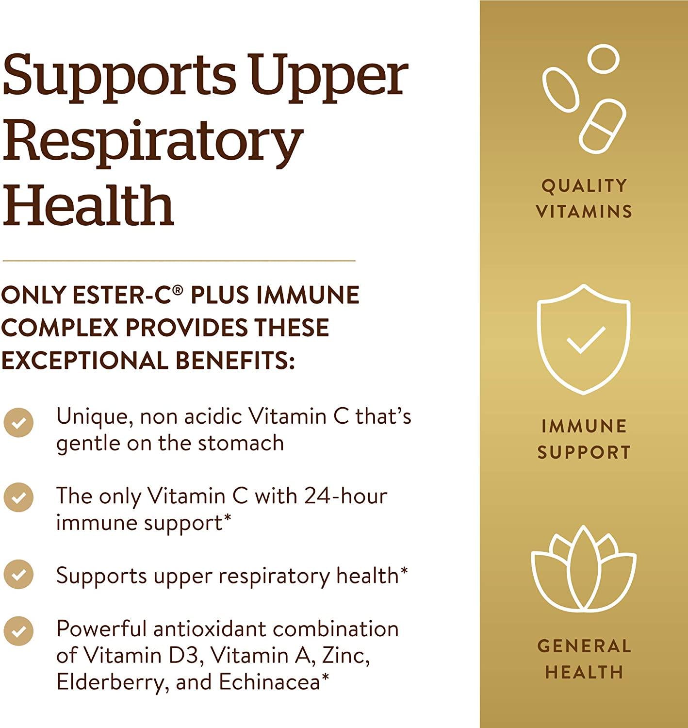 Solgar Ester-C Plus Immune Complex, 24-Hour Immune Support, Supports Upper Respiratory Health - Plus D3, Zinc, Elderberry and Echinacea - Non-GMO, Gluten Free, Dairy Free - 45 Servings, 90 Softgels
