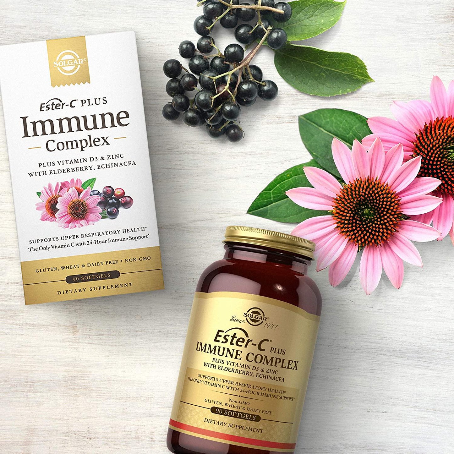 Solgar Ester-C Plus Immune Complex, 24-Hour Immune Support, Supports Upper Respiratory Health - Plus D3, Zinc, Elderberry and Echinacea - Non-GMO, Gluten Free, Dairy Free - 45 Servings, 90 Softgels