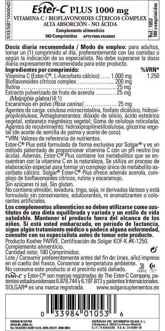 Solgar - Ester-C Plus Vitamin C (Ester-C Ascorbate Complex) 1000 mg, 180 Tablets