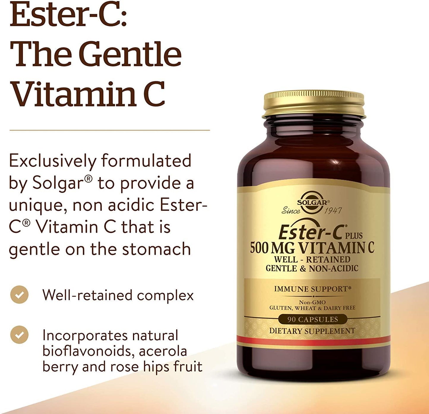 Solgar Ester-C Plus 500 mg Vitamin C with Citrus Bioflavonoids - 90 Capsules - Gentle and Non Acidic, Well Retained - 24-Hour Immune Support - Non-GMO, Gluten Free - 90 Servings