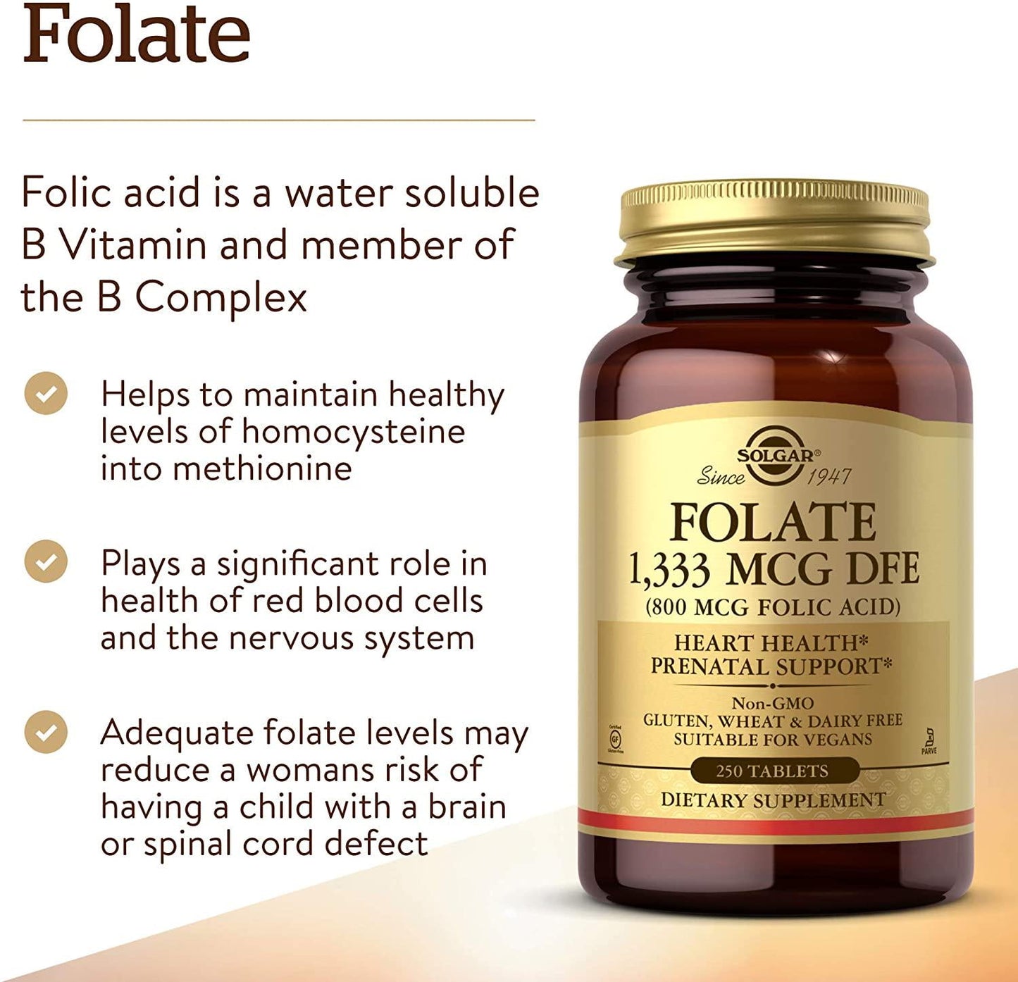 Solgar Folate 1,333 MCG Dietary Folate Equivalent (800 mcg Folic Acid), 250 Tablets - Heart Health, Healthy Nervous System, Prenatal Support - Non-GMO, Vegan, Gluten Free, Dairy Free - 250 Servings