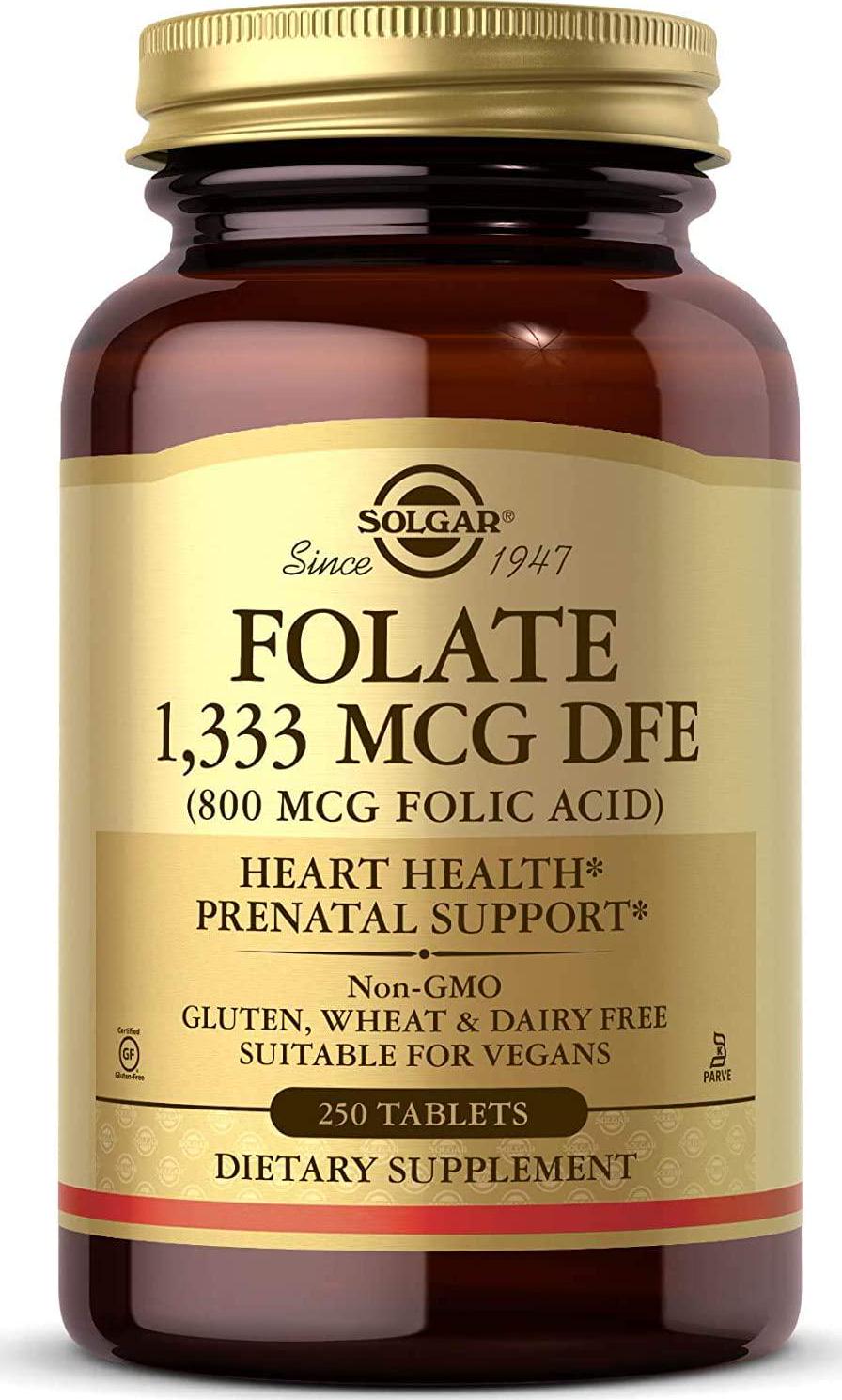 Solgar Folate 1,333 MCG Dietary Folate Equivalent (800 mcg Folic Acid), 250 Tablets - Heart Health, Healthy Nervous System, Prenatal Support - Non-GMO, Vegan, Gluten Free, Dairy Free - 250 Servings