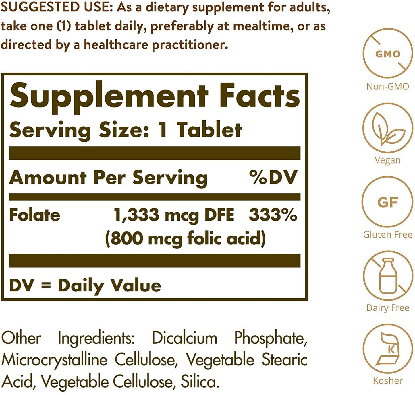 Solgar Folate 1,333 MCG Dietary Folate Equivalent (800 mcg Folic Acid), 250 Tablets - Heart Health, Healthy Nervous System, Prenatal Support - Non-GMO, Vegan, Gluten Free, Dairy Free - 250 Servings