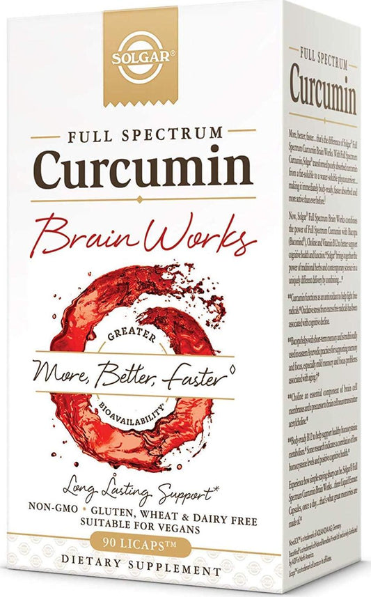 Solgar Full Spectrum Curcumin Brain Works, 90 Licaps - Support Memory Recall, Focus, Cognitive Function - Antioxidant Support - Curcumin, BacoMind, Choline, Vitamin B12 - Non-GMO, Vegan - 30 Servings