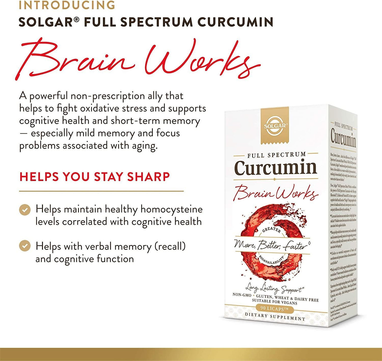 Solgar Full Spectrum Curcumin Brain Works, 90 Licaps - Support Memory Recall, Focus, Cognitive Function - Antioxidant Support - Curcumin, BacoMind, Choline, Vitamin B12 - Non-GMO, Vegan - 30 Servings