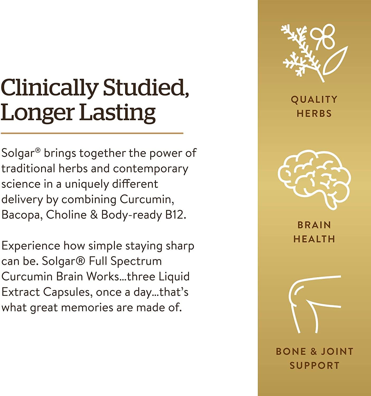 Solgar Full Spectrum Curcumin Brain Works, 90 Licaps - Support Memory Recall, Focus, Cognitive Function - Antioxidant Support - Curcumin, BacoMind, Choline, Vitamin B12 - Non-GMO, Vegan - 30 Servings