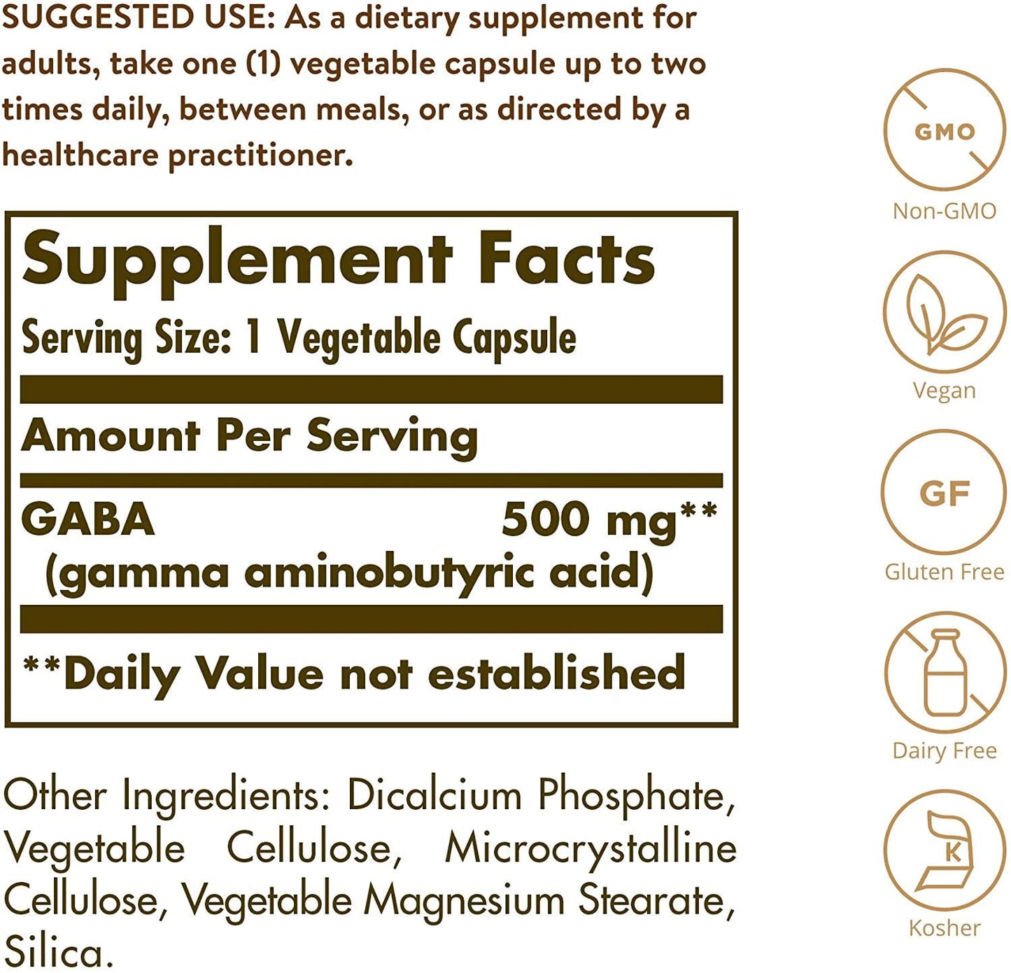 Solgar - GABA 500 mg. - 100 Vegetarian Capsules