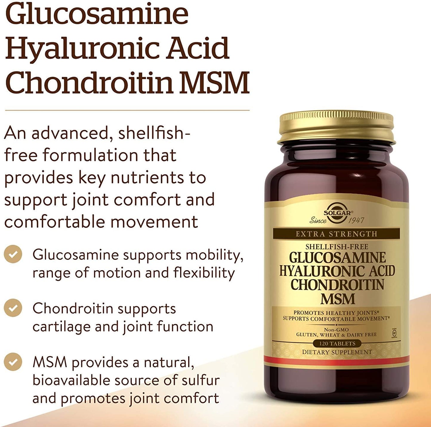 Solgar Glucosamine Hyaluronic Acid Chondroitin MSM (Shellfish-Free) Tablets 120ct