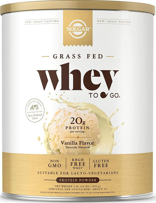 Solgar Grass Fed Whey to Go Protein Powder Vanilla, 2 lb - 20g of Grass-Fed Protein from New Zealand cows - Great Tasting and Mixes Easily - Supports Strength and Recovery - Non-GMO, 36 servings