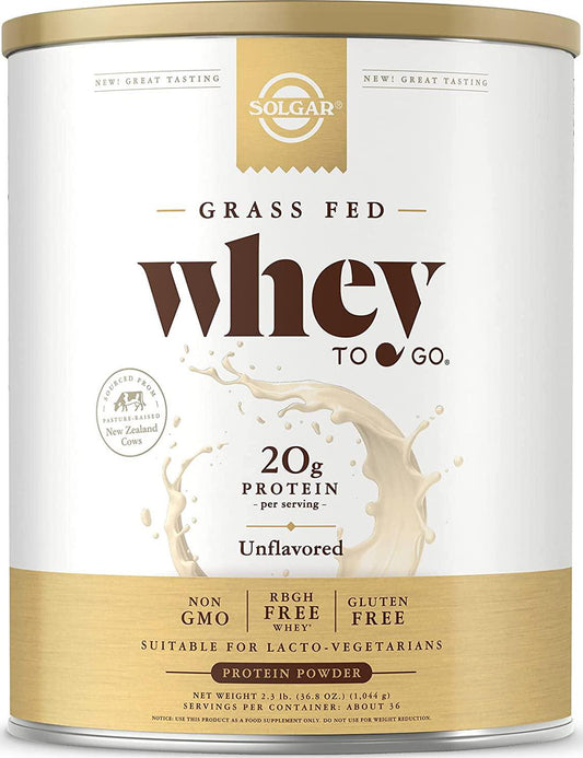 Solgar Grass Fed Whey to Go Protein Powder Unflavored, 2.3 lbs - 20g of Grass-Fed Protein from New Zealand Cows - Great Tasting and Mixes Easily - Supports Strength and Recovery - Non-GMO, 36 Servings