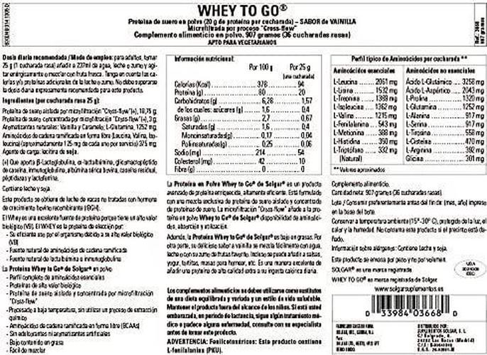 Solgar Grass Fed Whey to Go Protein Powder Vanilla, 2 lb - 20g of Grass-Fed Protein from New Zealand cows - Great Tasting and Mixes Easily - Supports Strength and Recovery - Non-GMO, 36 servings