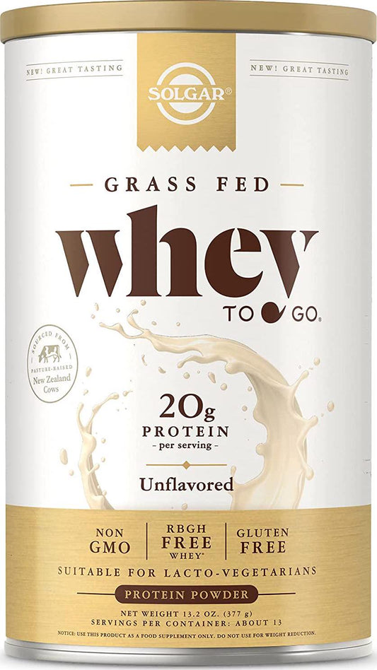 Solgar Grass Fed Whey to Go Protein Powder Unflavored, 11.2 oz - 20g of Grass-Fed Protein from New Zealand Cows - Great Tasting and Mixes Easily - Supports Strength and Recovery - Non-GMO, 13 Servings