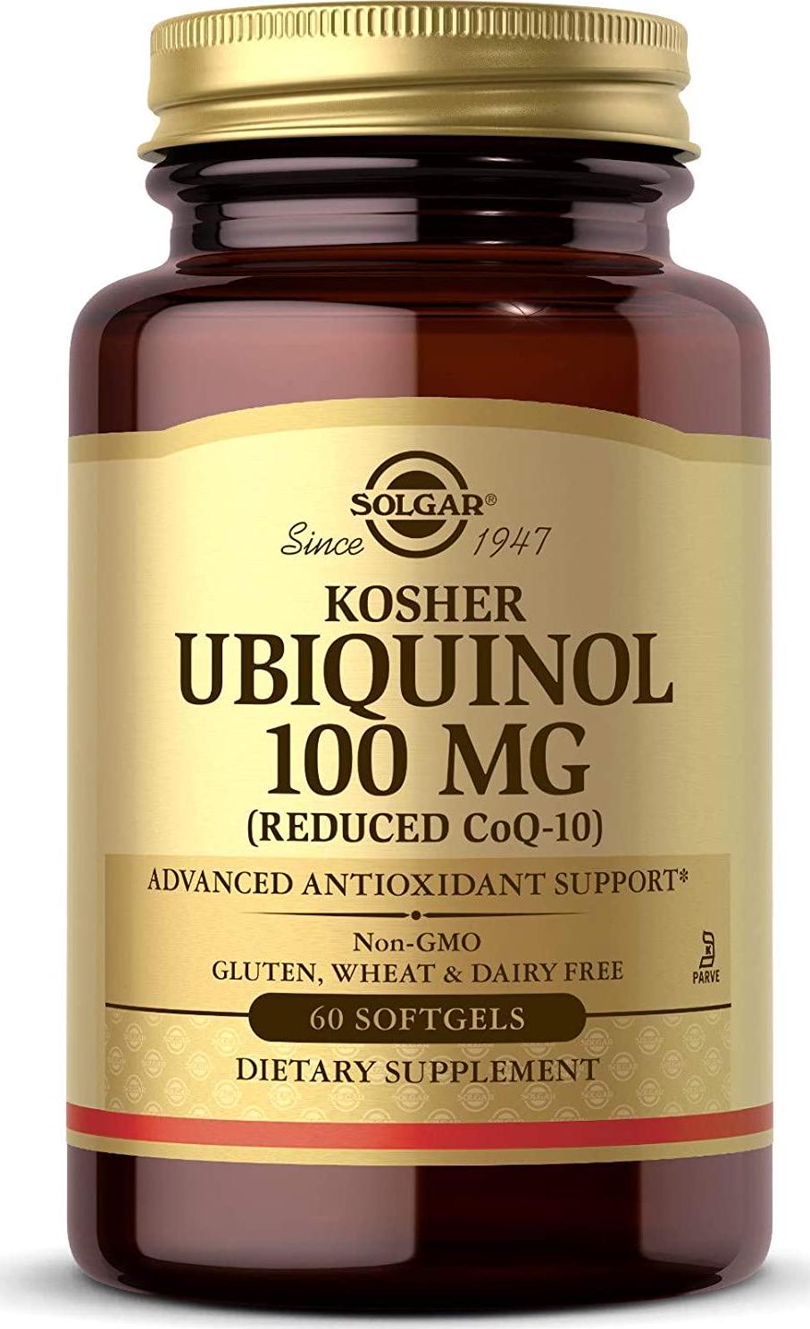 Solgar Kosher Ubiquinol 100mg, 60 Softgels - Advanced Antioxidant Support - Heart Health - Reduced Coenzyme Q10 (CoQ-10) - Non-GMO, Gluten Free, Dairy Free, Kosher - 60 Servings
