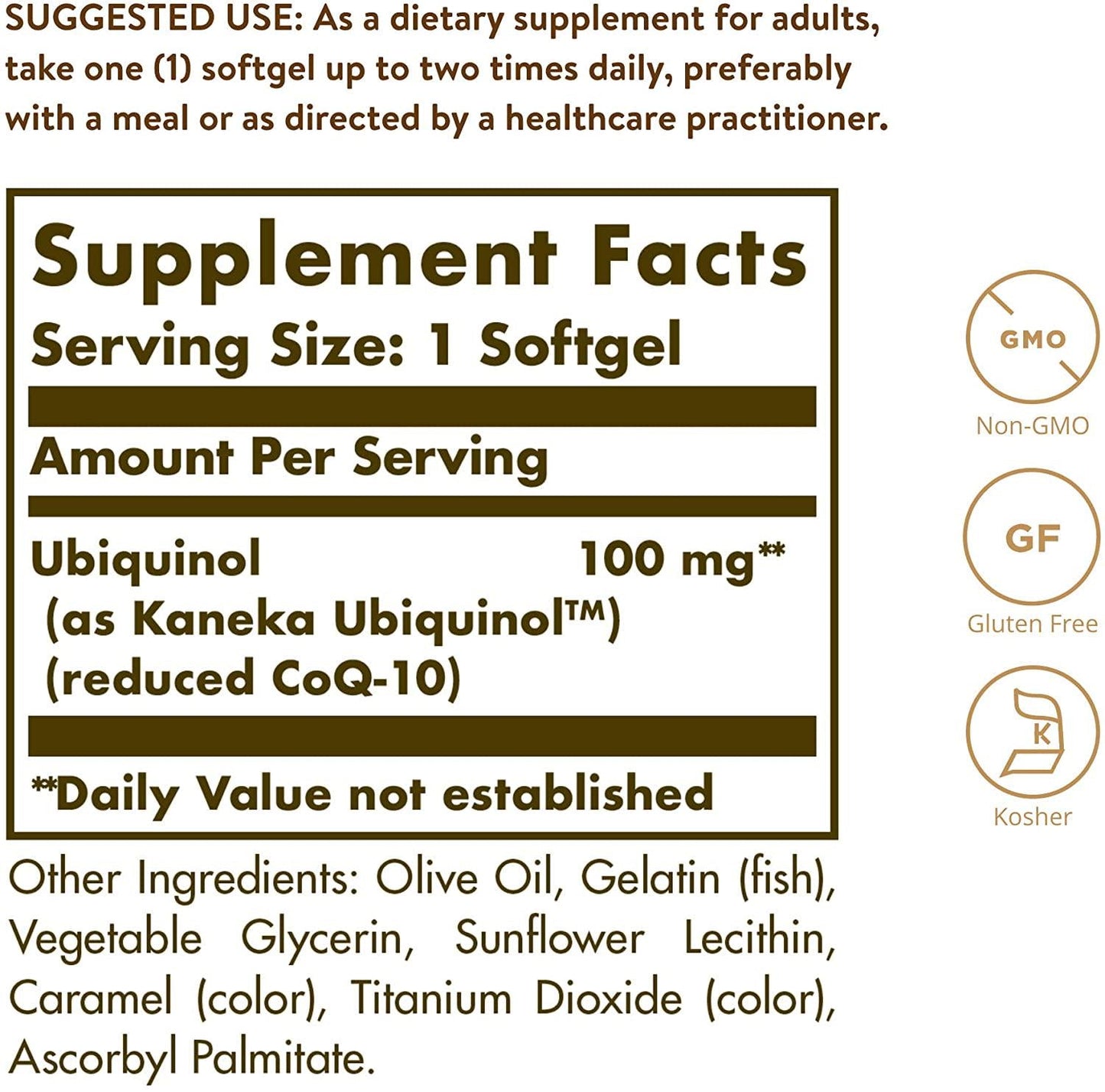 Solgar Kosher Ubiquinol 100mg, 60 Softgels - Advanced Antioxidant Support - Heart Health - Reduced Coenzyme Q10 (CoQ-10) - Non-GMO, Gluten Free, Dairy Free, Kosher - 60 Servings