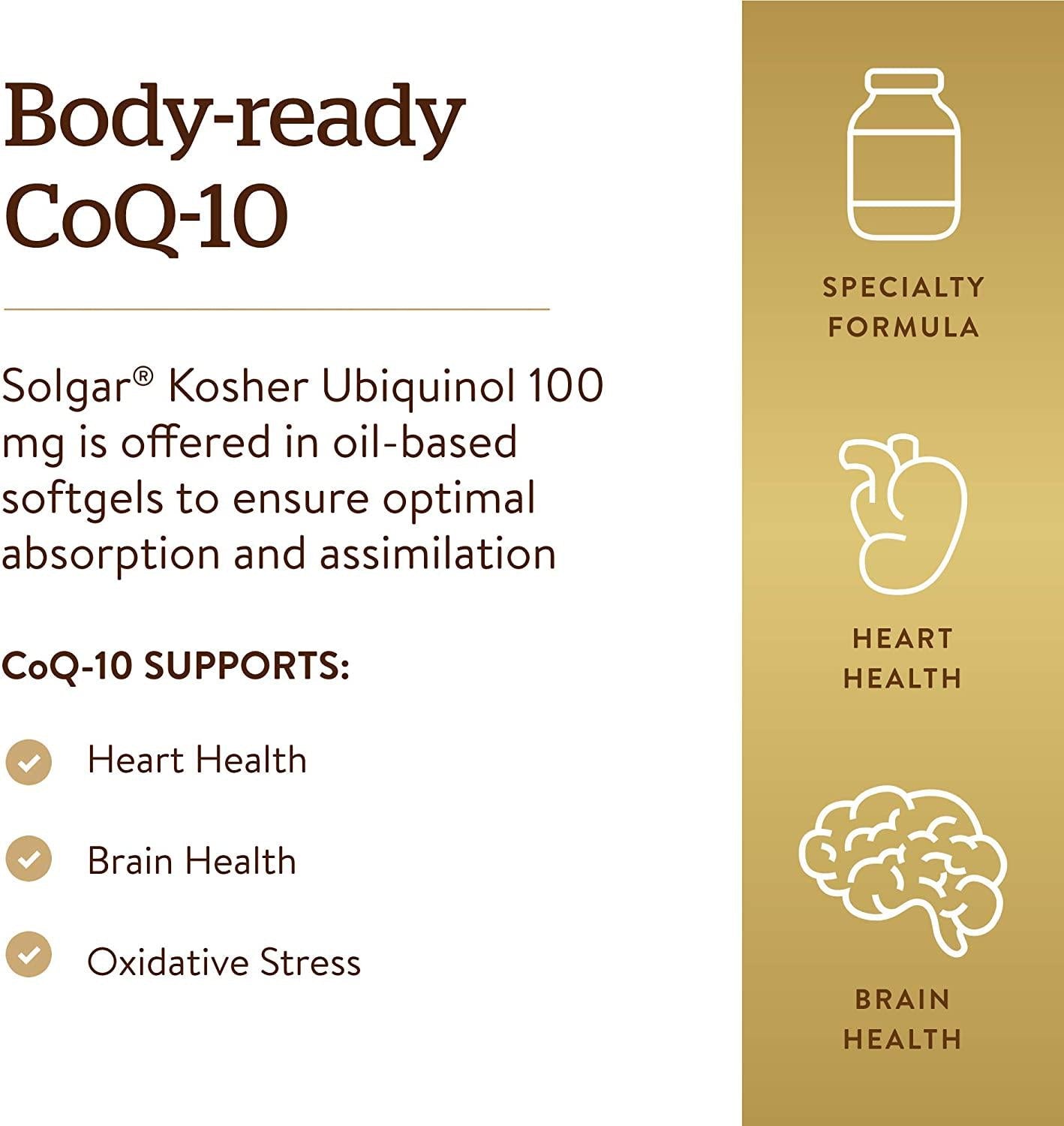 Solgar Kosher Ubiquinol 100mg, 60 Softgels - Advanced Antioxidant Support - Heart Health - Reduced Coenzyme Q10 (CoQ-10) - Non-GMO, Gluten Free, Dairy Free, Kosher - 60 Servings