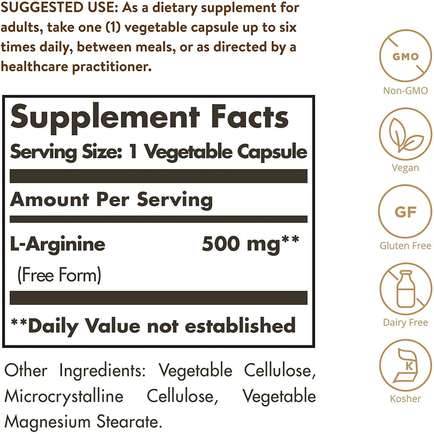 Solgar L-Arginine 500 mg, 250 Vegetable Capsules