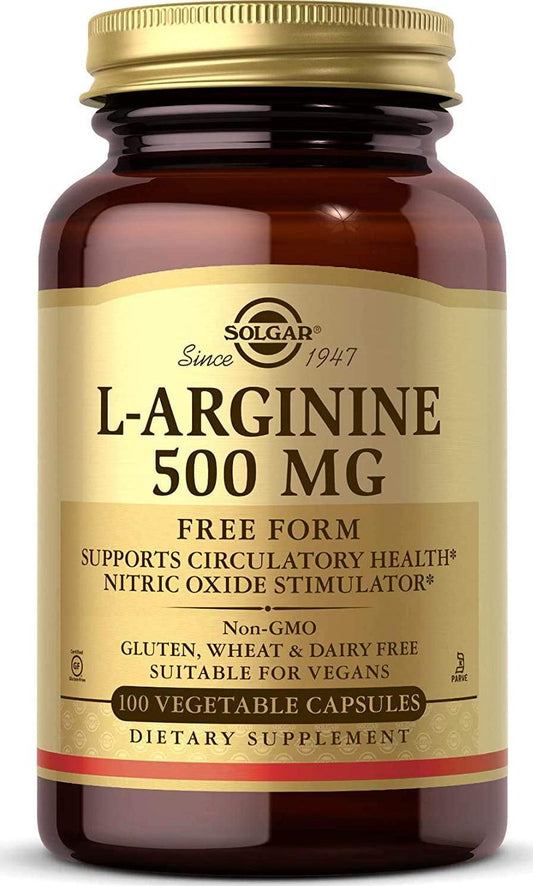 Solgar L-Arginine 500 mg, 100 Vegetable Capsules - Supports Blood Flow and Heart Health - Nitric Oxide Stimulator - Supports Active Lifestyles - Non-GMO, Gluten Free, Dairy Free, Kosher - 100 Servings