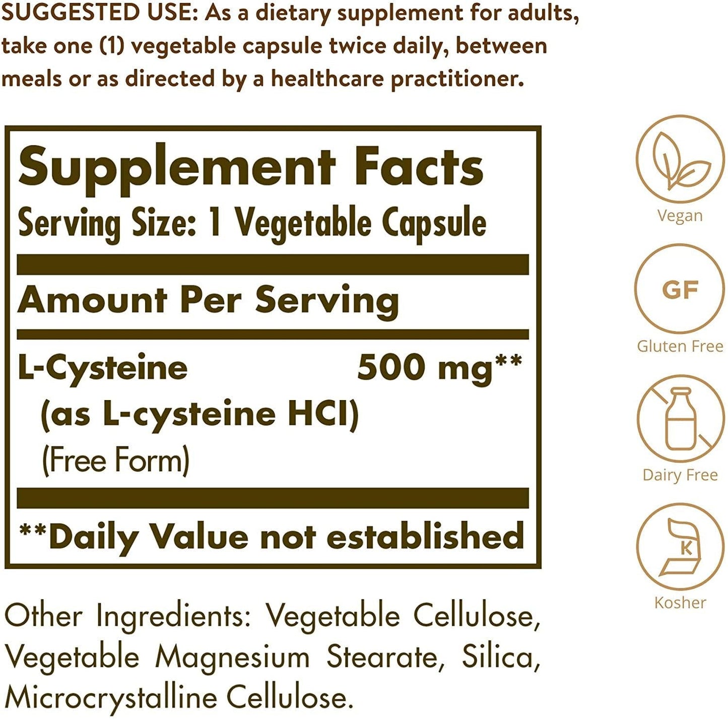 Solgar L-Cysteine 500 mg, 90 Vegetable Capsules - Free Form Amino Acid - Keratin Support for Skin, Hair and Nails - Glutathione Support - Vegan, Gluten Free, Dairy Free, Kosher - 90 Servings