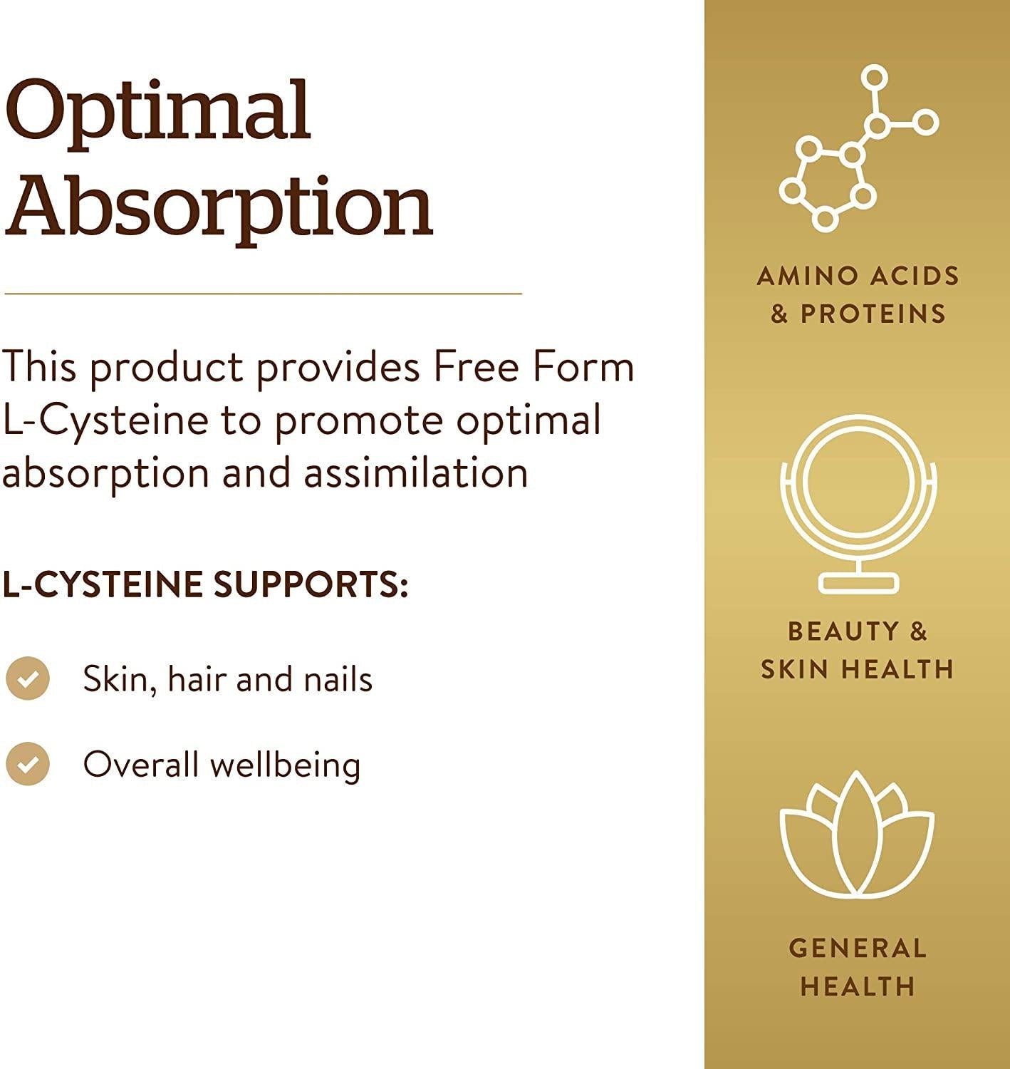 Solgar L-Cysteine 500 mg, 90 Vegetable Capsules - Free Form Amino Acid - Keratin Support for Skin, Hair and Nails - Glutathione Support - Vegan, Gluten Free, Dairy Free, Kosher - 90 Servings