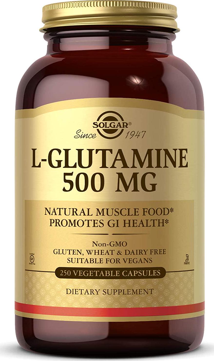 Solgar L-Glutamine 500 mg, 250 Vegetable Capsules - Natural Muscle Food - Promotes Gastrointestinal (GI) Health - Supports Brain Health - Non-GMO, Vegan, Gluten Free, Dairy Free